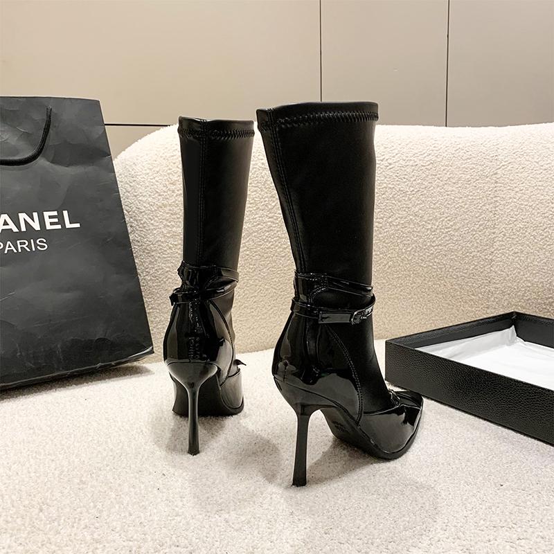 Fashion 11CM Super High Heel Black Women Mid-calf Boots Autumn Leather Buckle Ladies Elegant Pointed Toe Short Botas Zapatos De Mujer
