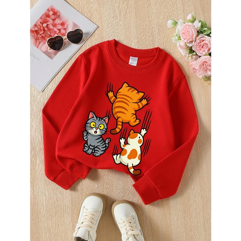 European sizes Girls Soft Crewneck Sweatshirt Cute Cartoon Cats Climbing Print Design, Casual All-Match, Ideal Holiday Present