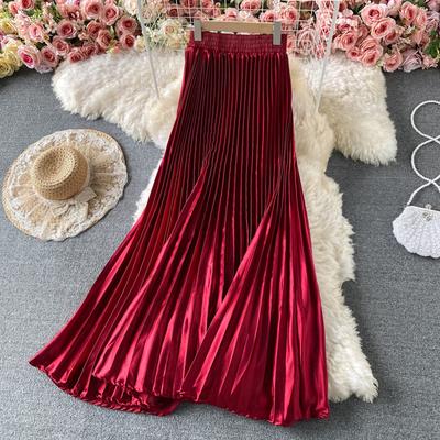 Verano Otoño Mujeres Elegante Satén Cintura Alta Falda Larga Maxi Plisada