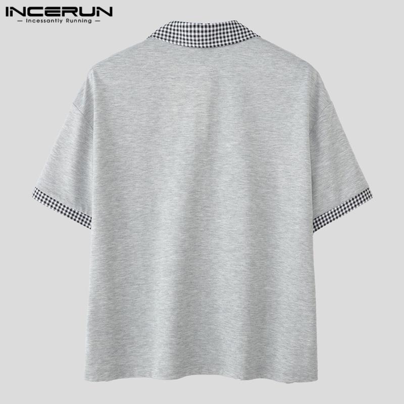 INCERUN Two Pieces Men Lapel Neck Short Sleeve Plaid T-Shirt Long Straight Pants Sets Outfits