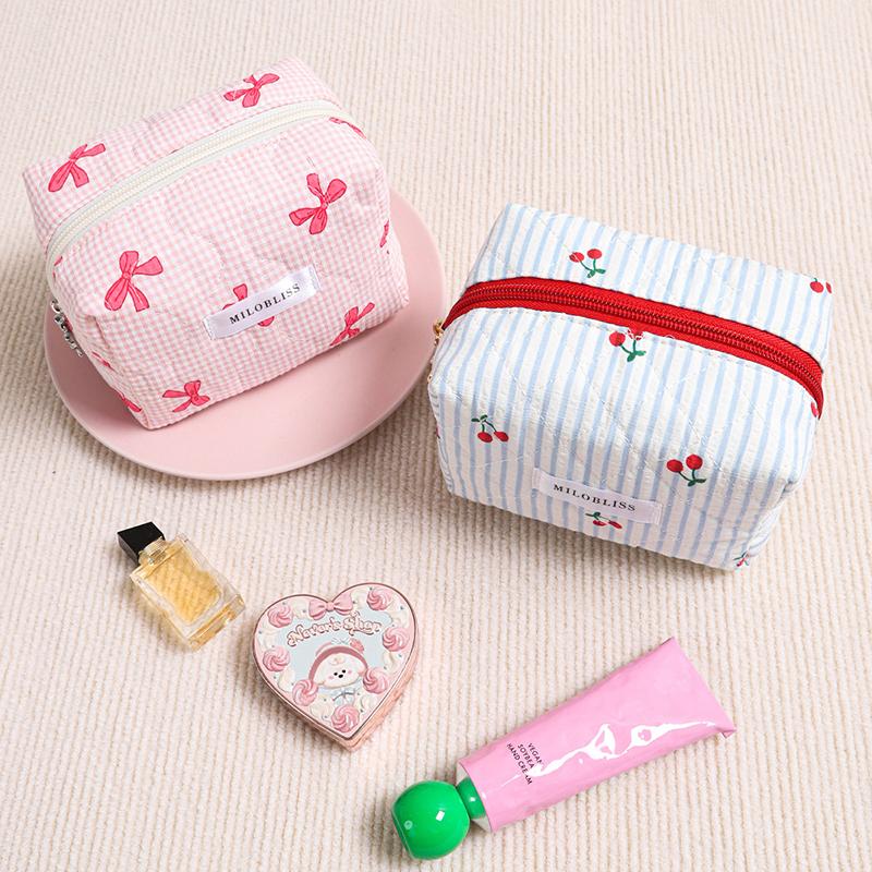 Plaid Bow Makeup Bag, Quilted Cherry Cosmetic Pouch, Student Lightweight Storage, Portable And Multifunctional