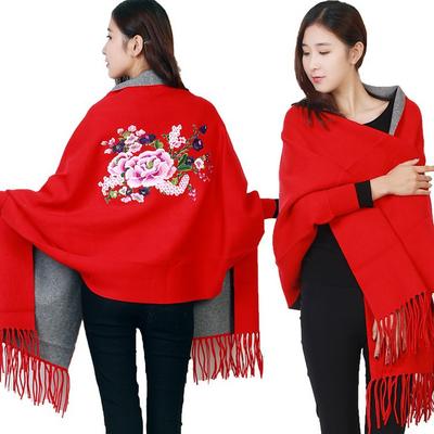Peony Cashmere Large Shawl Coat for Women with Sleeves, Knitted Embroidered Scarf, Dual-use for Spring, Autumn, and Winter, Cape with Tassels