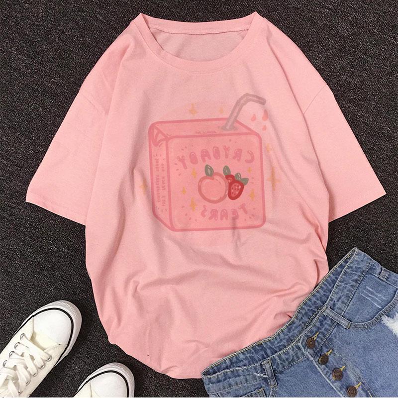 Cartoon Peach Juice Japanses Aesthetic Grunge T Shirt Women Harajuku Cute Kawaii Pink Summer Casual Tumblr Outfit Fashion Tops