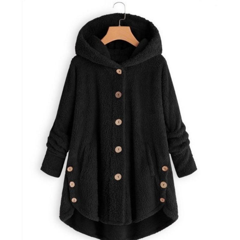 Women S Solid Color Hooded Button Plush Casual Coat