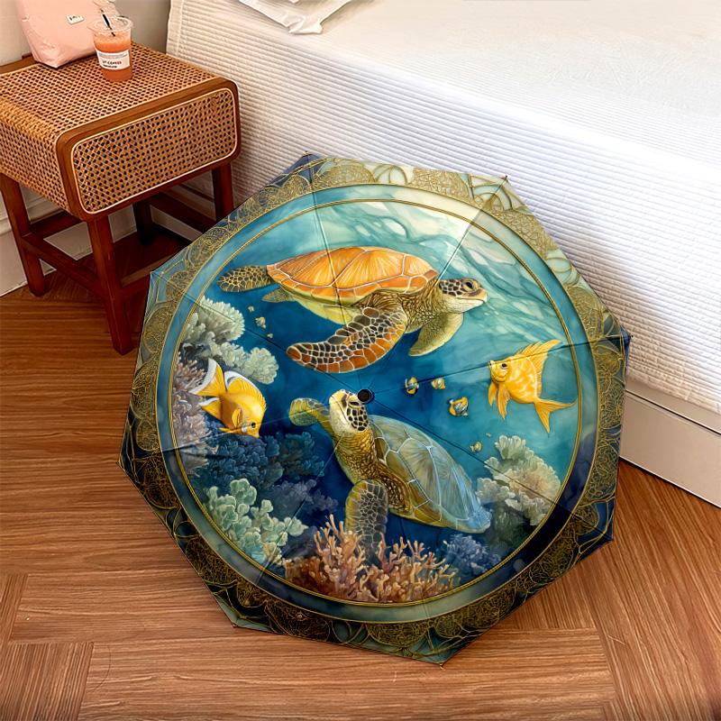 Sea Turtle Pattern, Automatic Folding Umbrella, Portable and Foldable Design, 8 Ribs, a Christmas or Birthday Gift.