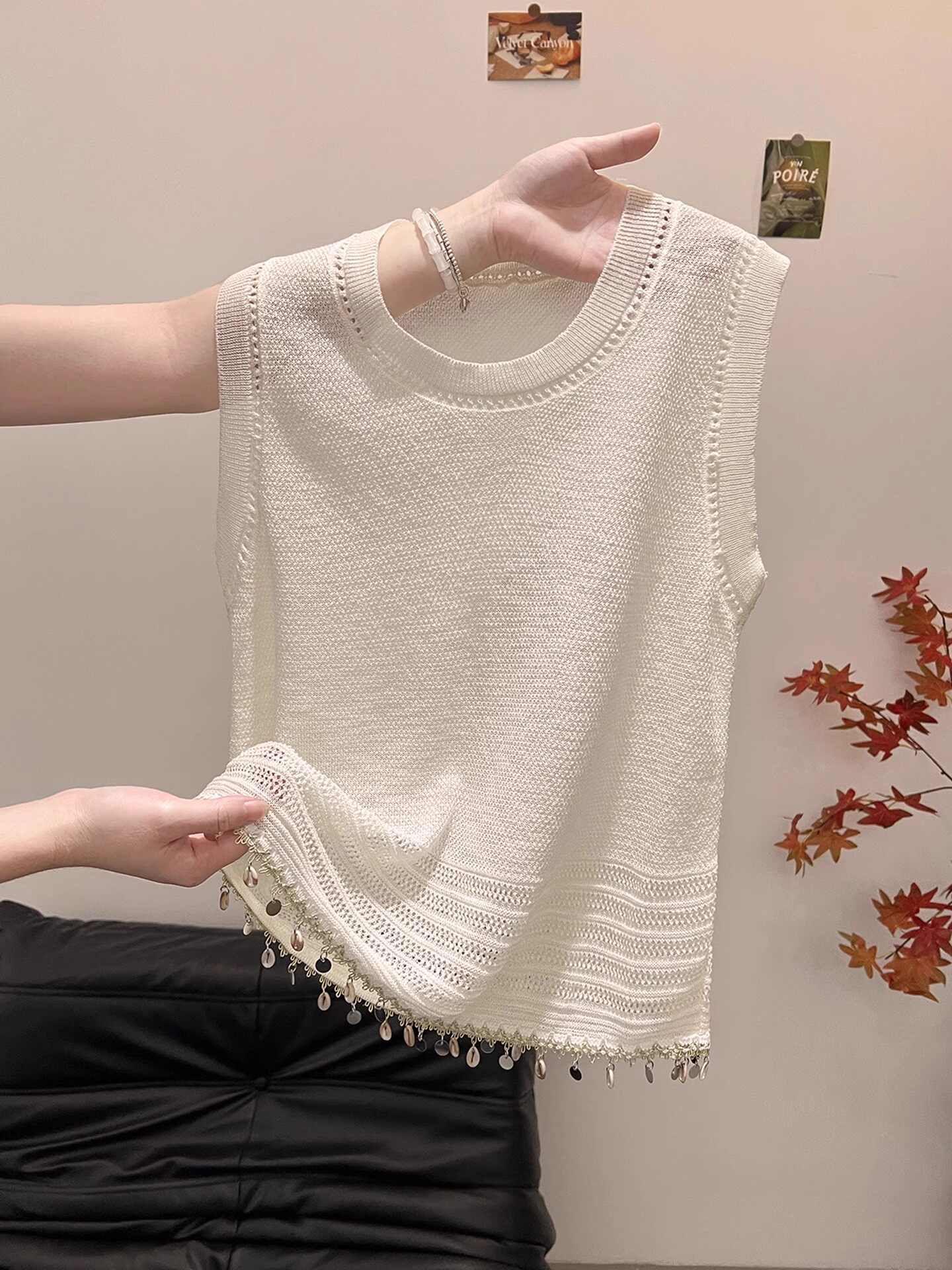 Women s Trendy Ethnic Tassel Sequin Knit Vest - Summer 2026 Sleeveless Hollow Out Top One Size абрикосовый
