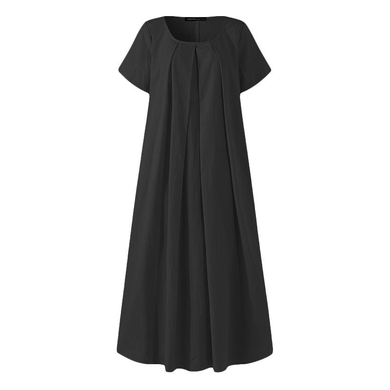Vestido Maxi de Algodón y Lino de Verano para Mujer, Vintage Artístico de Color Sólido con Cuello Redondo de Manga Corta Holgado Talla Grande Casual Largo