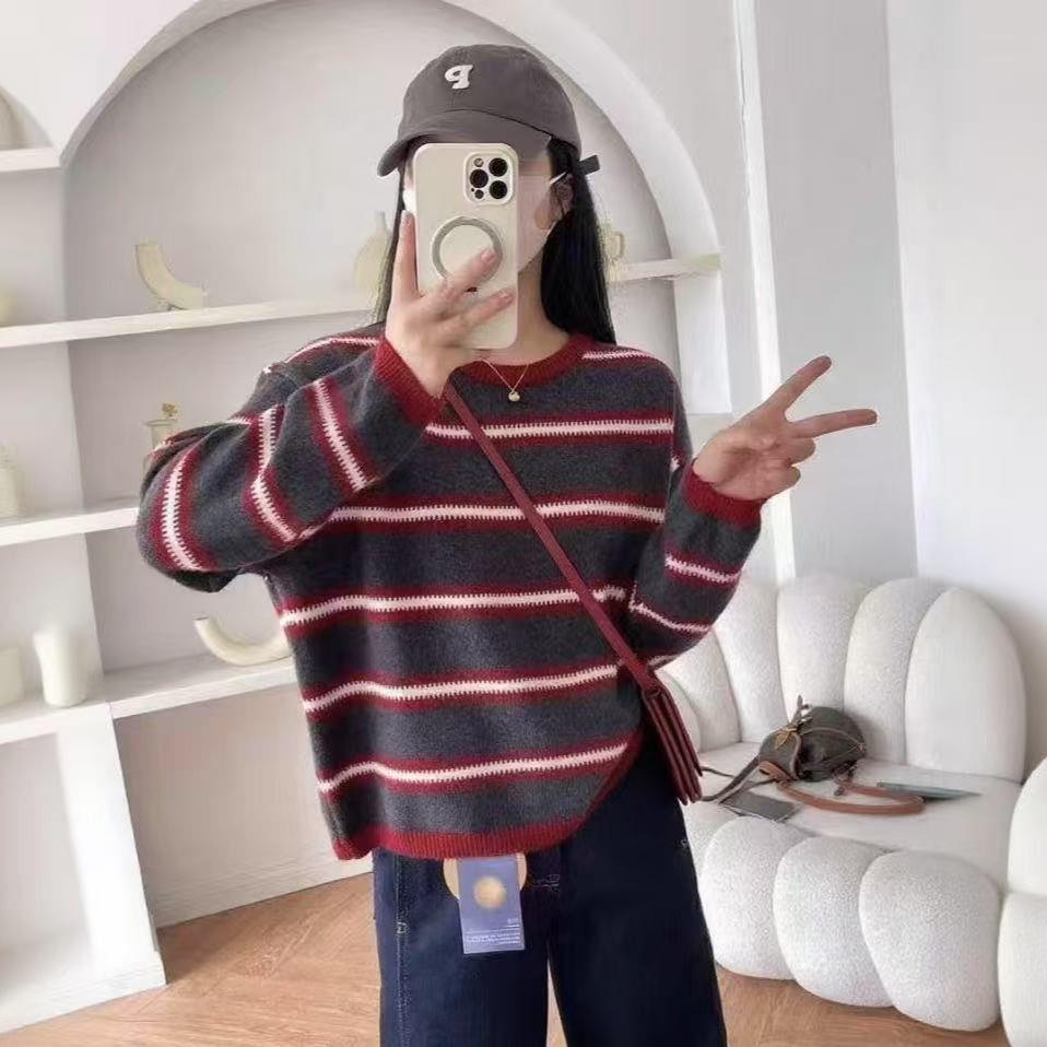 Striped Long-sleeved Pullover Women's Clothing New Autumn and Winter Lazy Style Retro Contrasting Color Knitted Sweater