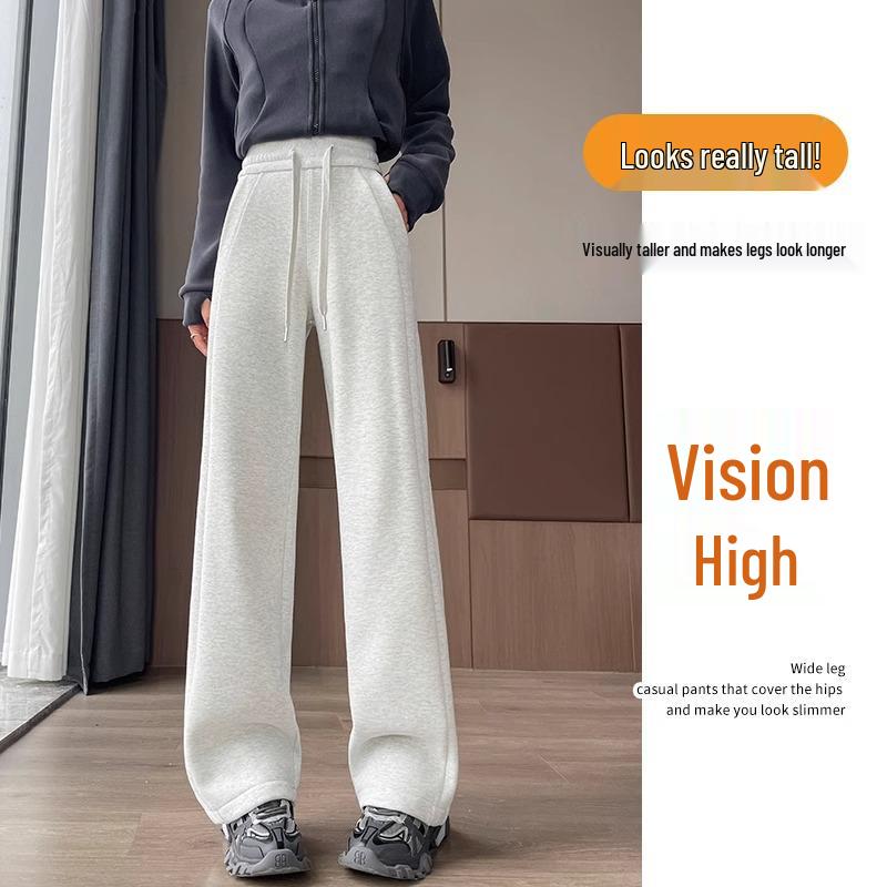 Gray Fleece-Lined Wide Leg Sweatpants for Women - Petite Fit, Winter Casual 2024