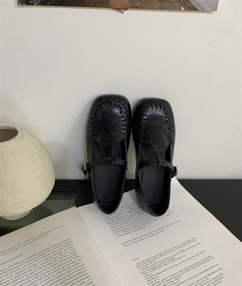 Thick heel light mouth Mary Jane shoes square head French flat-soled single shoes autumn new casual soft-soled shoes grandma shoes