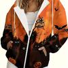 Women's Hooded Zip-up Shirt, Halloween Holiday Style Clothing, Cute Black Cat-pumpkin Bat Pattern Print, Elegant and Festive Style