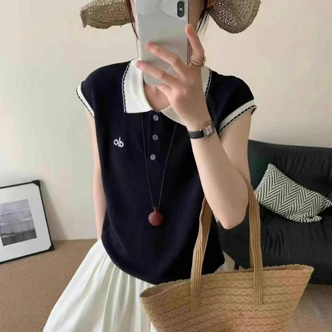 

Женская футболка с коротким рукавом, вязаная, разноцветная, свободного кроя, с отложным воротником поло, облегающая, базовый слой one size тёмно-синий