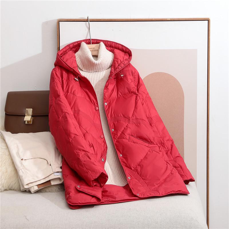 Women's 2024 Mid-Length Lightweight Hooded Down Jacket - Slimming Autumn/Winter Fashion with Xiangyun Pattern.