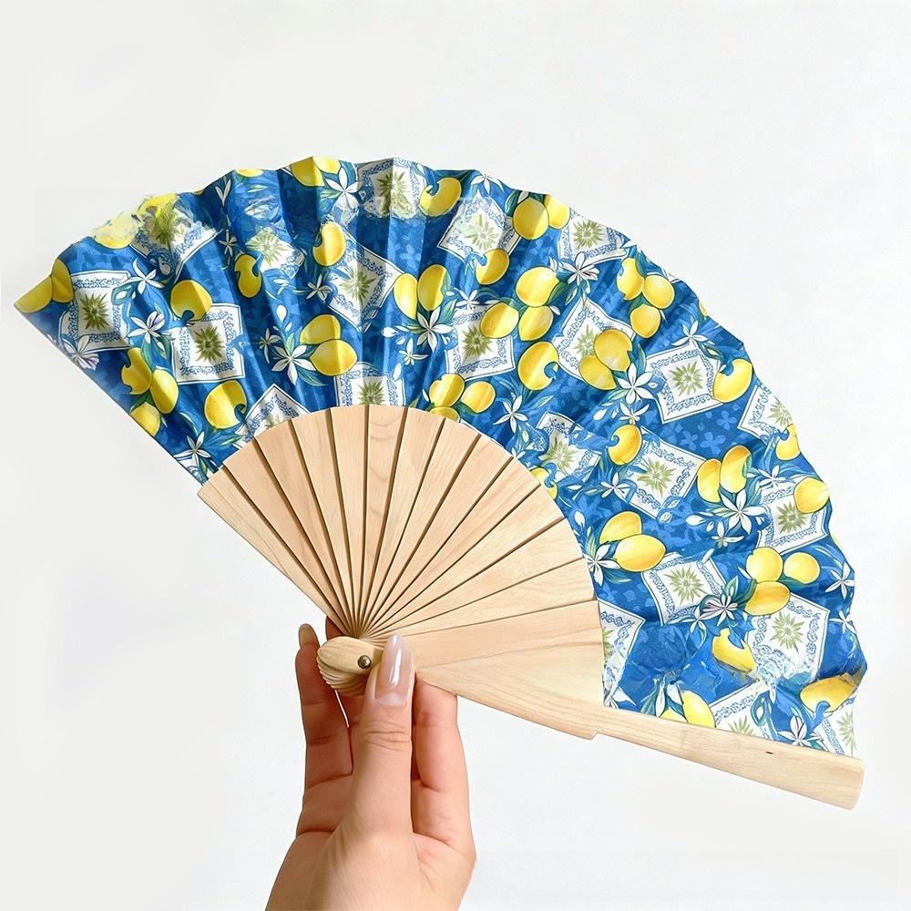 Portable Folding Hand Fan Lemon Cherry Printed Wooden Handle Fan New Bamboo Fan Party Gifts
