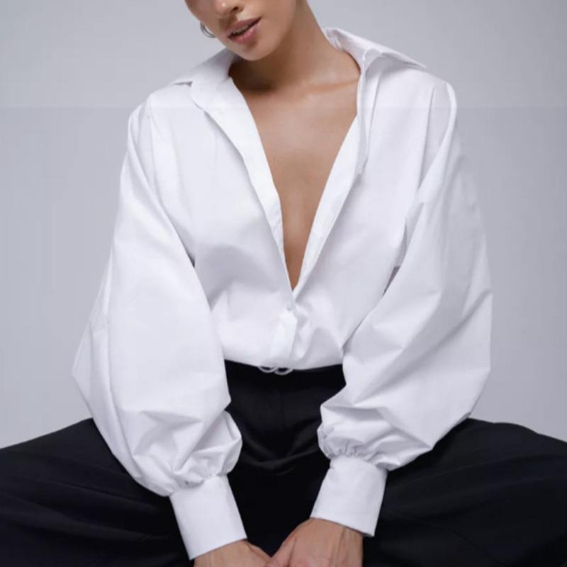 Blusa da Donna Vintage Elegante con Maniche a Bolle e Scollo a V Top Casual per il Lavoro