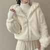 Hooded lamb wool imitation fur loose coat new autumn and winter fleece thickened sweater cardigan zipper warm
