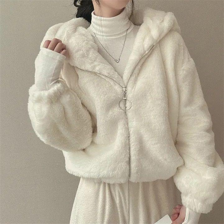 Hooded lamb wool imitation fur loose coat new autumn and winter fleece thickened sweater cardigan zipper warm