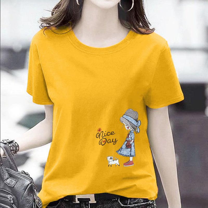 GMXIA Women's Fashion Casual Summer Spring Solid Color Print Short Sleeve O-Neck T-shirts and Loose Tops