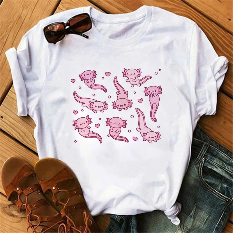 Funny Axolotl T Shirt Women Relaxolotl Kawaii Short Sleeve T-shirt Women's Clothing Summer Tops Y2k Casual Cartoon Graphic Tee