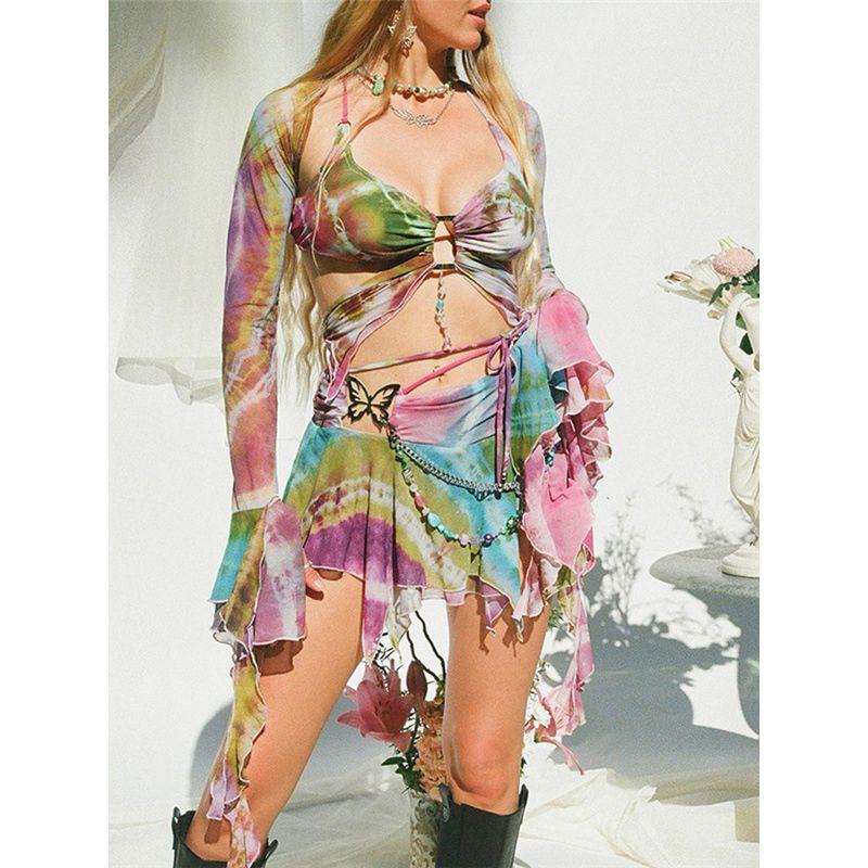 European and American Ins Style Elegant Sweet Sexy Low Cut Navel High Waist Lace-up Tassel Pleat Irregular Short Dress Set