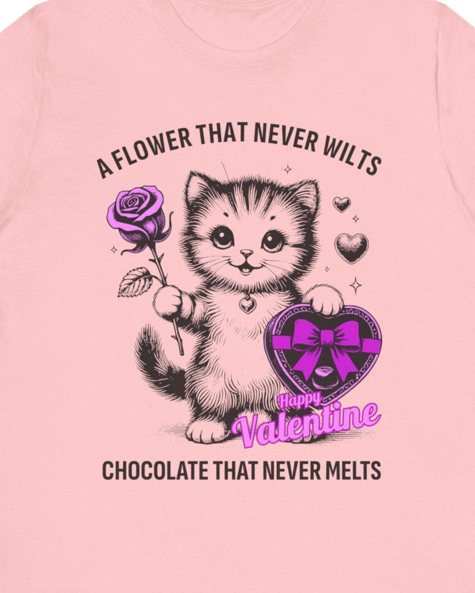 Kitten Holding Rose Tee Valentine cat, retro heart chocolate box L