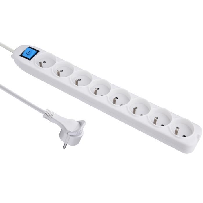 Electraline 32045 Bloc Multiprises 8 Prises + Interrupteur Fiche Plate - Longeur 1,5m Section 3G1mm² Blanc