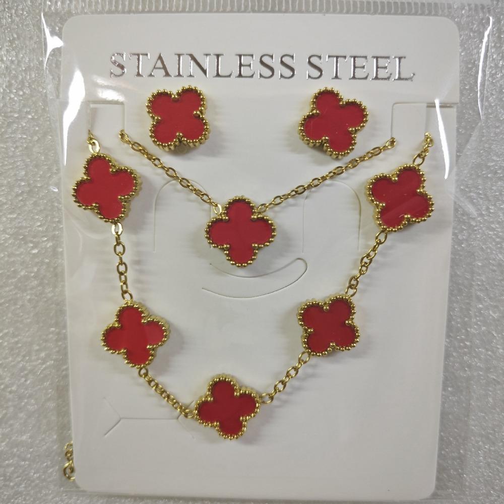 Set Nou de Bijuterii din Oțel Titanic – Colier, Cercei Trifoi cu Patru Frunze și Brățară cu Cinci Flori – Un Set de Bijuterii de Nișă High-end