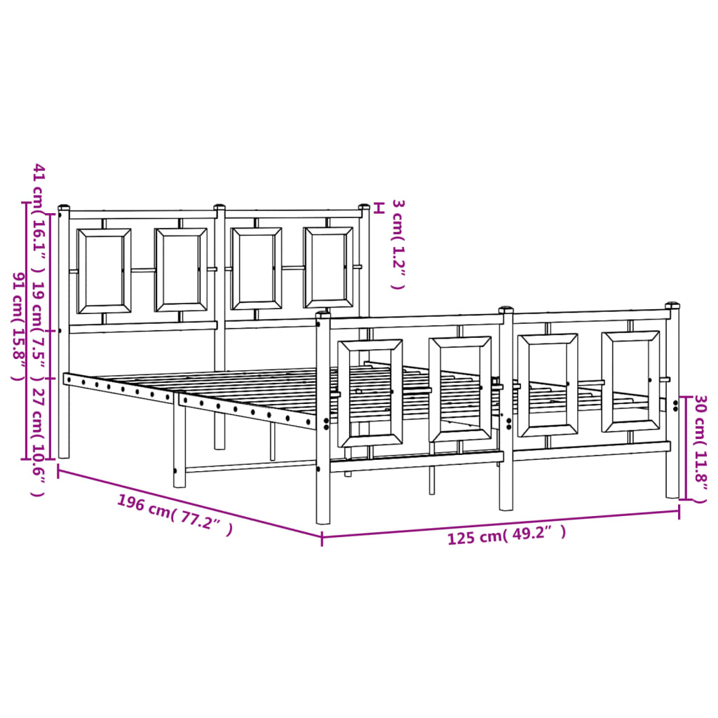 Metal Bed Frame with Headboard and Footboard Black 120x190 Cm