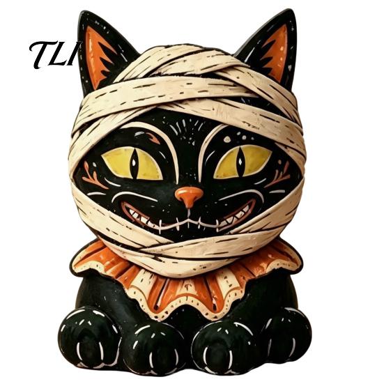 Cartoon Cat Figure Vintage Halloween Wooden Figurine, Rustic Witch Zombie Owl Frog Tabletop Small Wood Craft Ornament, Farmhouse Tiered Tray