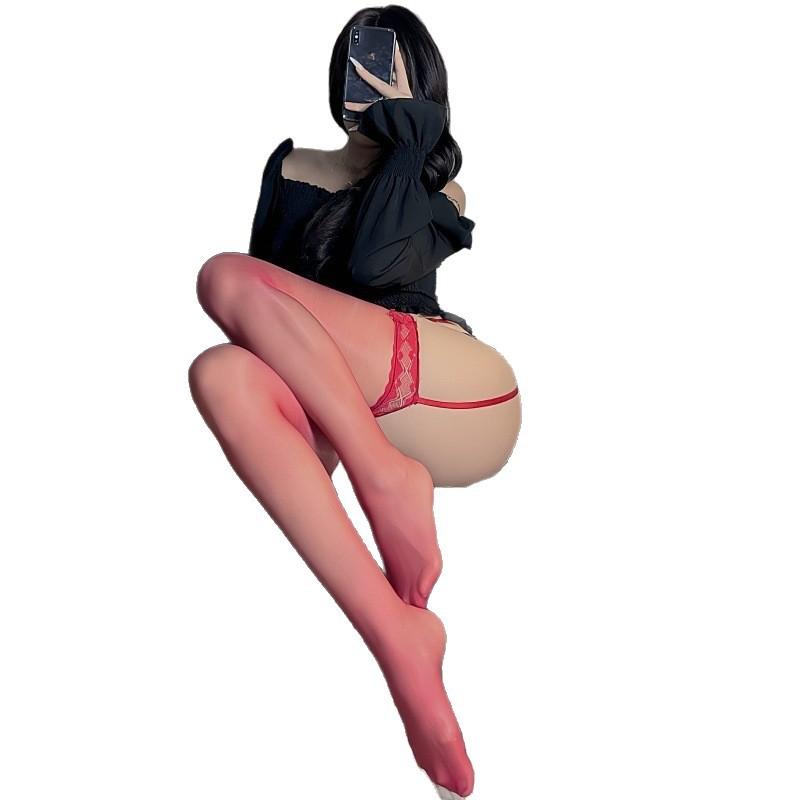 Aurora Oily Lace Butterfly Long Tube Suspenders Integrated Socks Oily Ultra-Thin Sexy Open Black Stockings