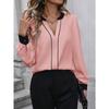 Womens V Neck Long Sleeve Contrast Color Blouse