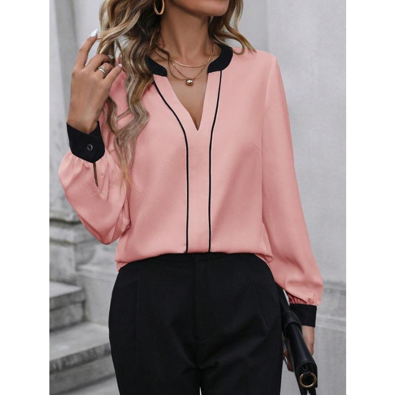 Womens V Neck Long Sleeve Contrast Color Blouse