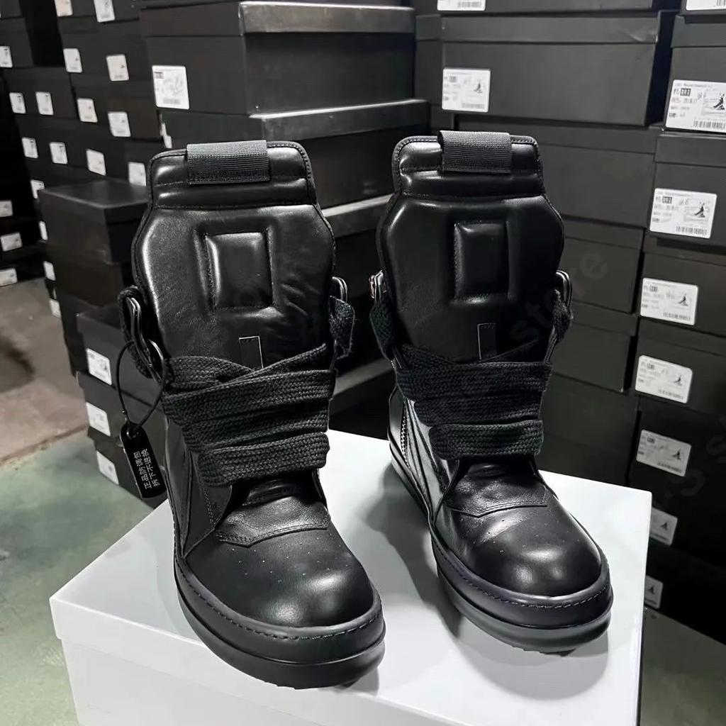 R-o Designer Men Shoe Full Black Leather Ankle Boot Sneaker High Top Casual Shoes Jumbo Laces Zipper Women Boots Flat Sneakers