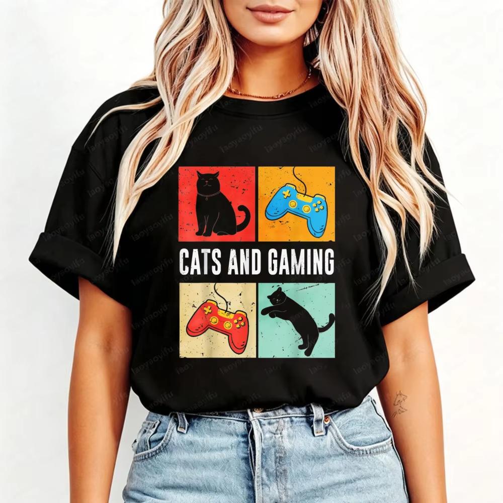 Cats And Gaming For The Cat Lover Gamer Video Game Player Tshirt Esport Pet Lover Streetwear Tops Vintage Game Controller Tees