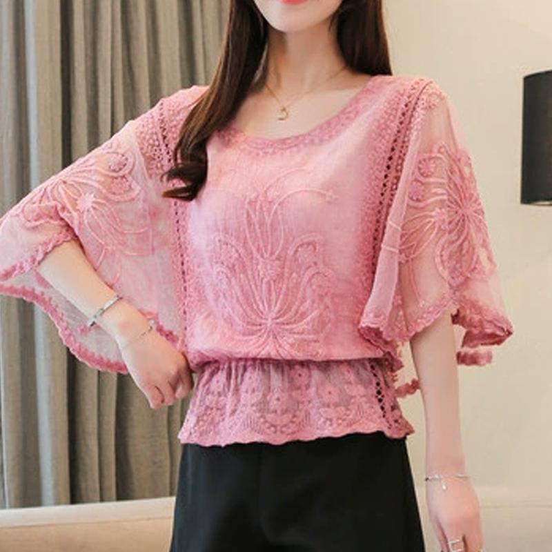 Frühling Sommer Damen Blusen Fledermausärmel Blumenspitze Chiffonbluse Aushöhlen Blusen Übergröße Shirts Damen Shirt Tops