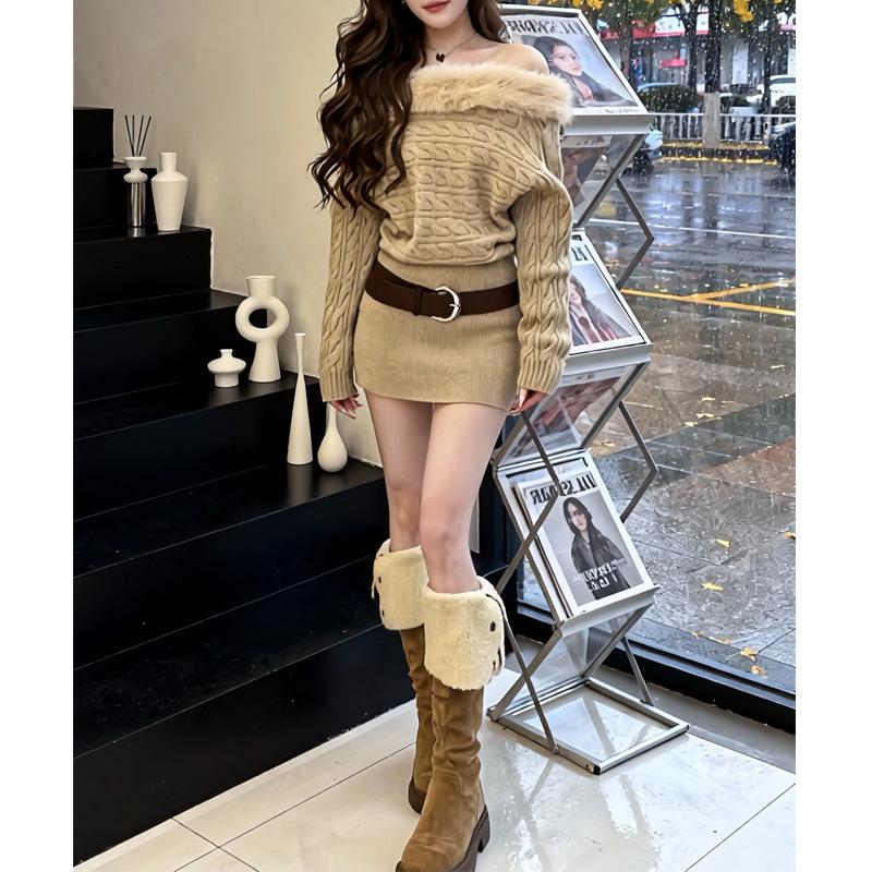 2025 Fashion Off-Shoulder Cable Knit Fur Patchwork Slim Sweater & Skirt Set One Size
