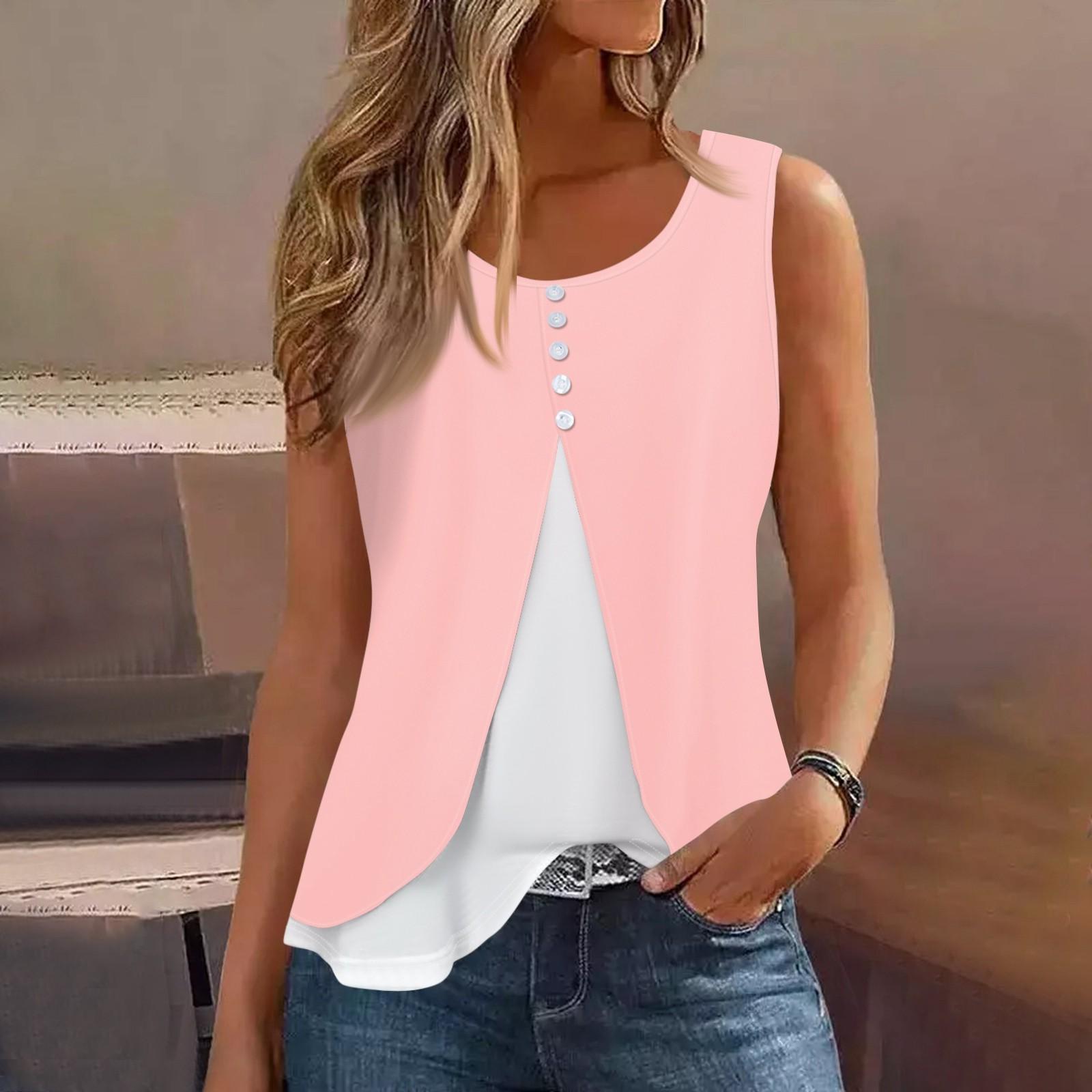 

Женская майка, повседневная модная блузка без рукавов с пуговицами и круглым вырезом, подходит для лета XXL розовый