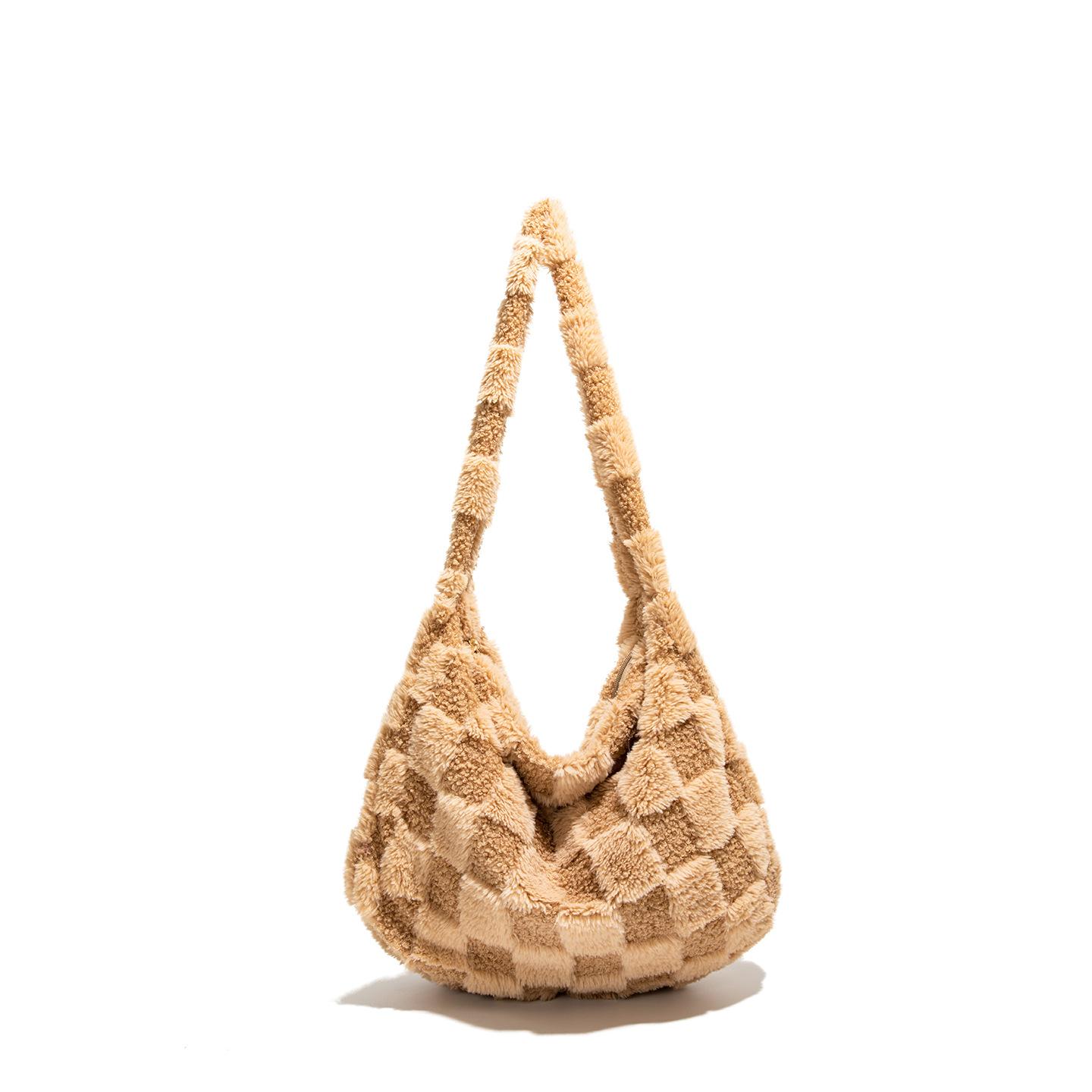 Осень и зима новая персонализированная клетчатая контрастная цветовая гамма плюшевая большая женская сумка-тоут литературная наплечная сумка-мессенджер коричневый