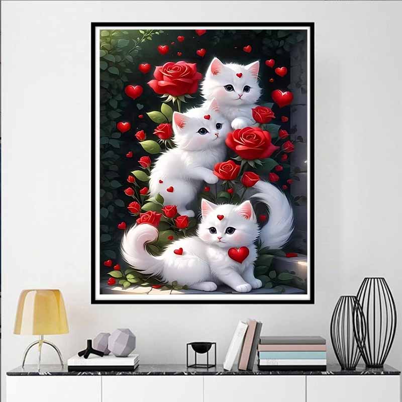 White Cat and Flowers Diamond Painting Set, 5D DIY Full Diamond Gemstone Cross-stitch Painting, Decorative Wall Mural Ornaments