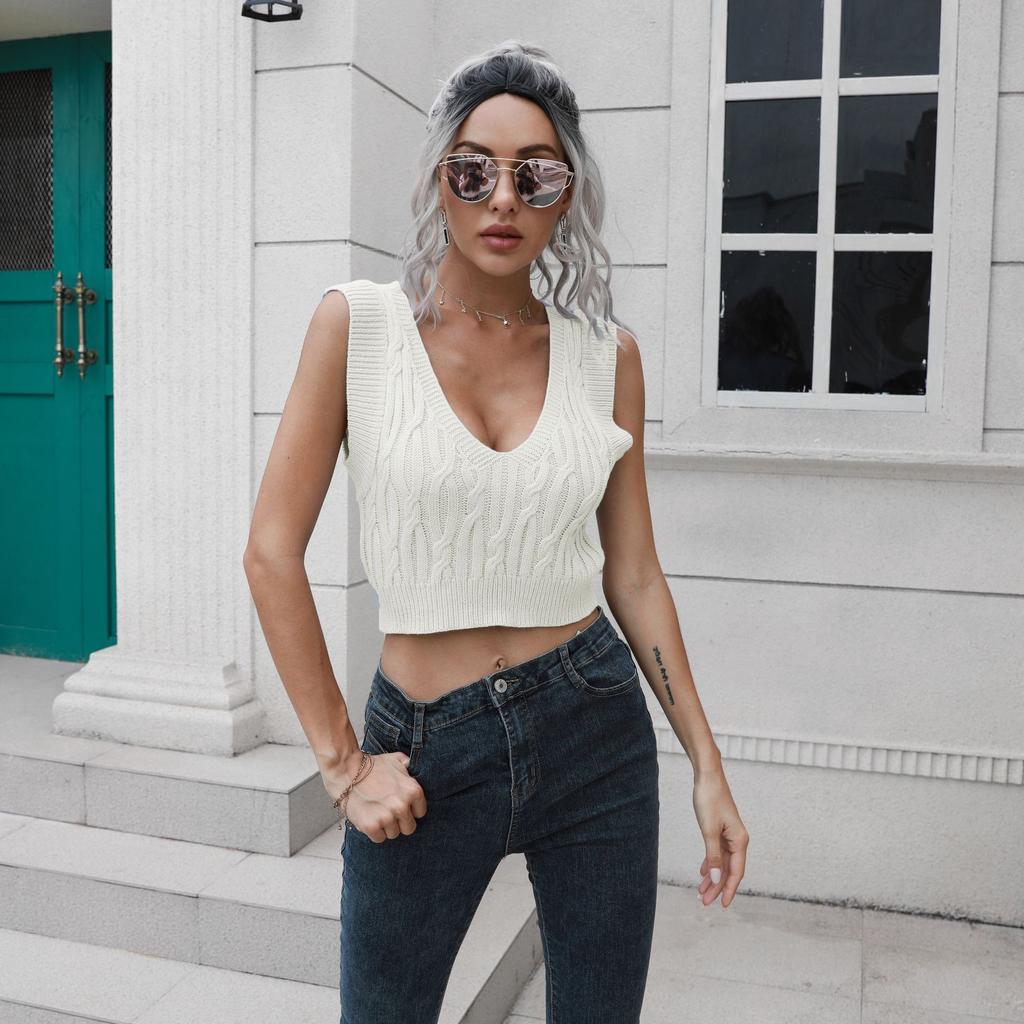 GMXIA Women's Fashion Casual Solid Color Print Sleeveless V-Neck Knitted Vests