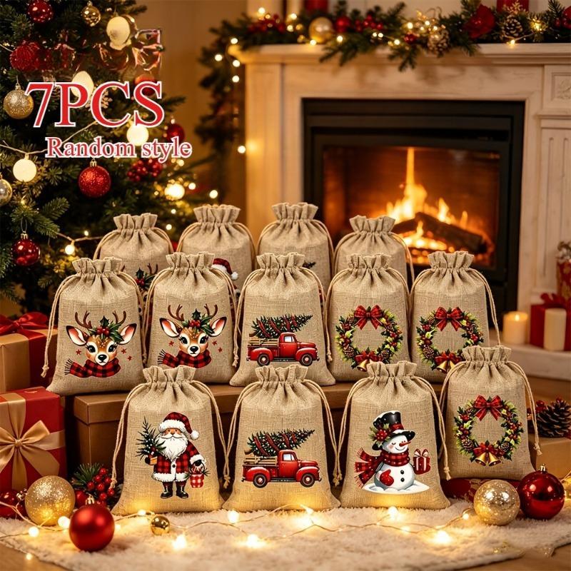 5/12pcs Christmas Jute Drawstring Gift Bags Reusable Holiday Treat Pouches Christmas Party Gift Wrapping Bags Tree Hanging Decorations