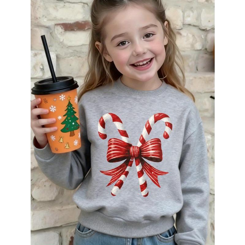European sizes Black Christmas Sweater Suitable for Winter Celebrations - Candy Cane Bow Print, Round Neck Sleeve Holiday Sweaters