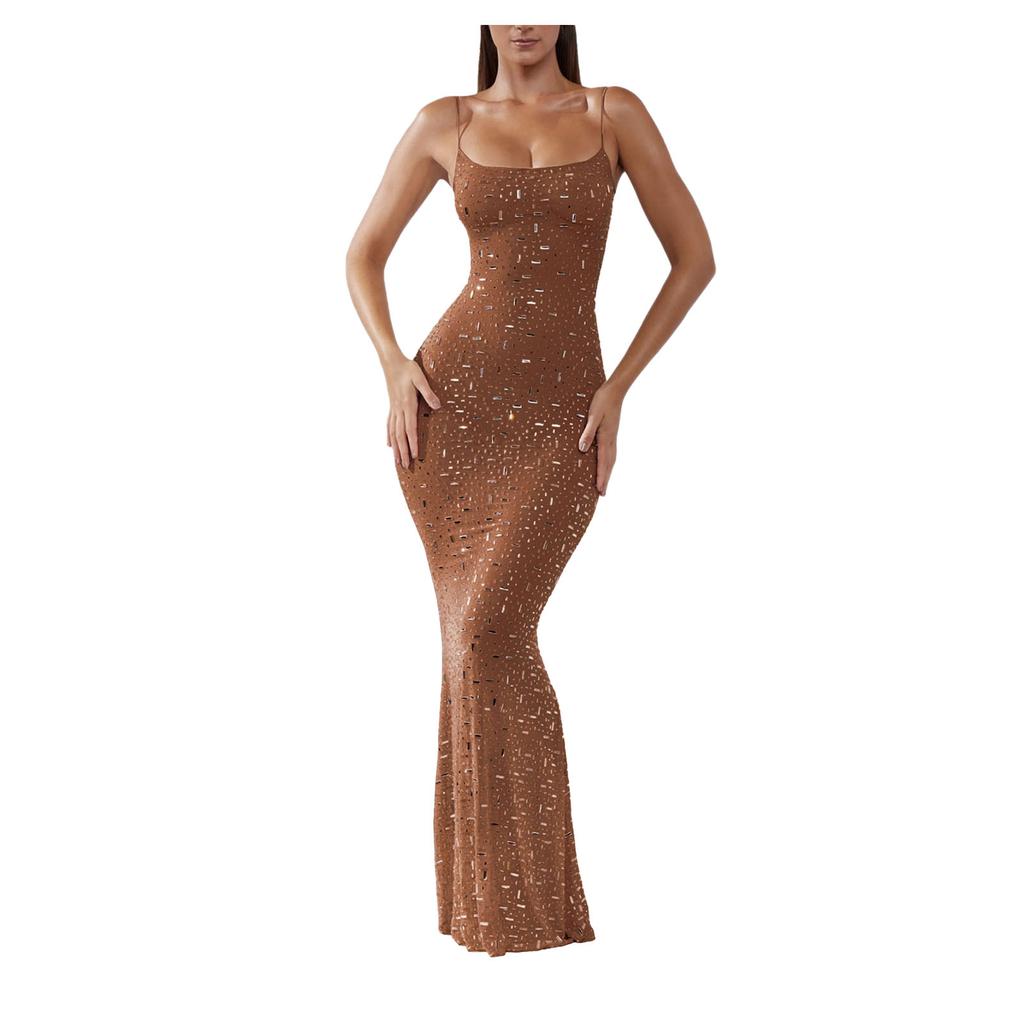 Spaghetti Strap Maxi Dress Bright Diamond Design Elegant Stylish Cocktail Party Long Dress for Club