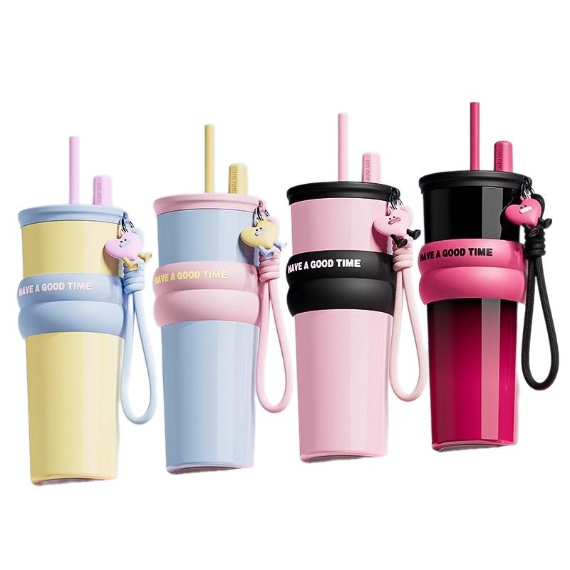 710Ml Large Capacity Car Thermos Mug Stainless Steel Vacuum Flask With Retractable Straw Leak-Proof Coffee Tea Cold Drink Bottle