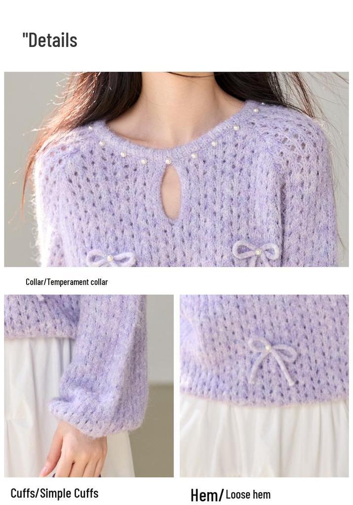 Autumn 2026 Purple Knit Sweater with Korean Bow Décor