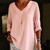 2026 Amazon European and American Cross-border Women's Clothing Street Fashion Solid Color V-neck Loose Top Long Sleeve Cotton and Linen Shirt