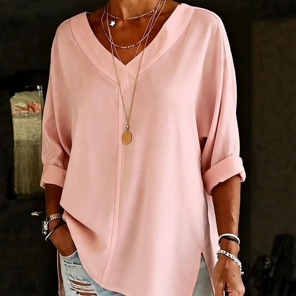 2026 Amazon European and American Cross-border Women's Clothing Street Fashion Solid Color V-neck Loose Top Long Sleeve Cotton and Linen Shirt
