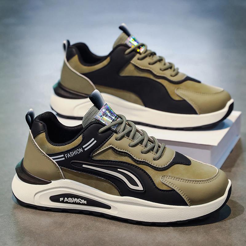 Sneakers Men's Breathable Sport Shoes 2026 Trendy Versatile Thick Bottom Anti-slip Casual Dad Shoes Leather Patchwork Flat Heel