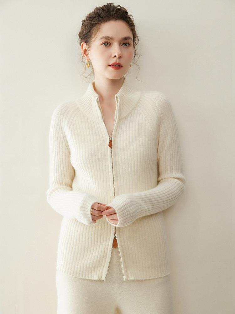Women's Winter 2026 Double Zipper Slimming Cashmere Cardigan - Half-High Collar Ribbed Gentle Style Outerwear