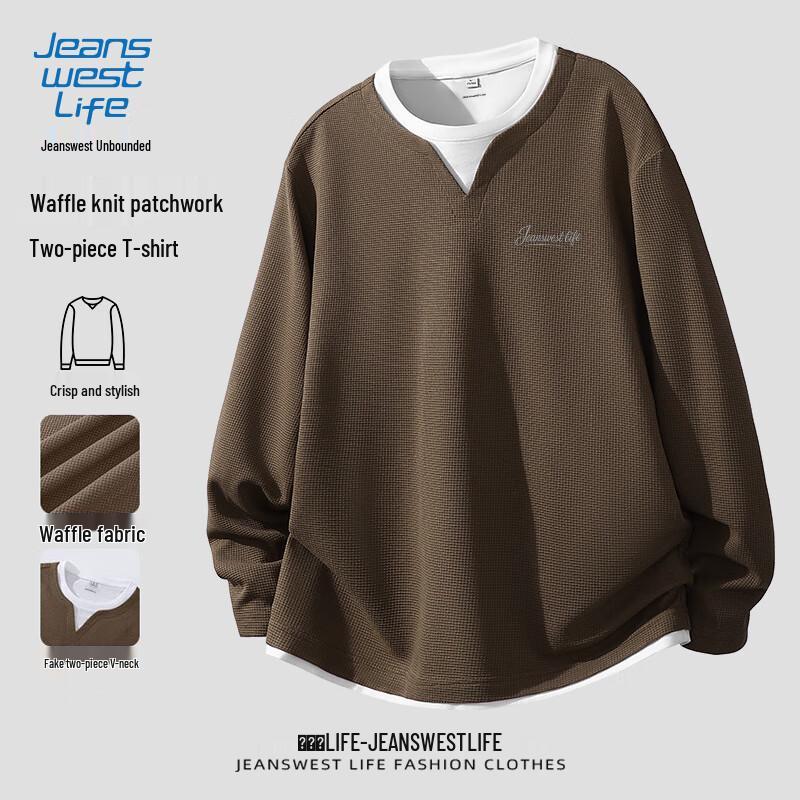 JEANSWEST LIFE Men's Waffle Faux Two-Piece Long Sleeve T-Shirt